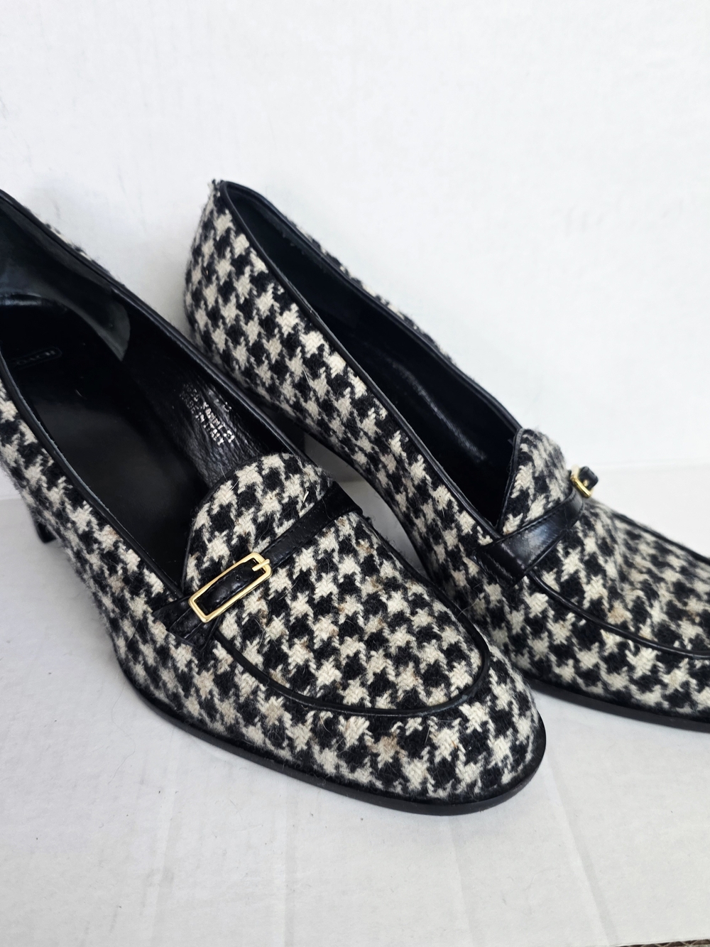 Coach Black and White Tweed Houndstooth Loafers with Gold Buckle 7.5